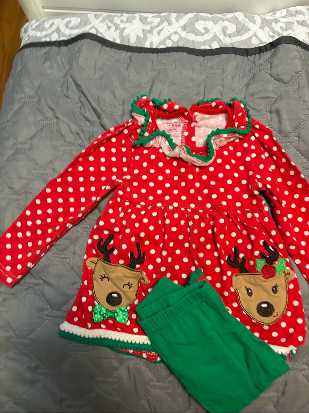 Nannette Red and White Polka Dot Reindeer Pajama Set with Green Trim